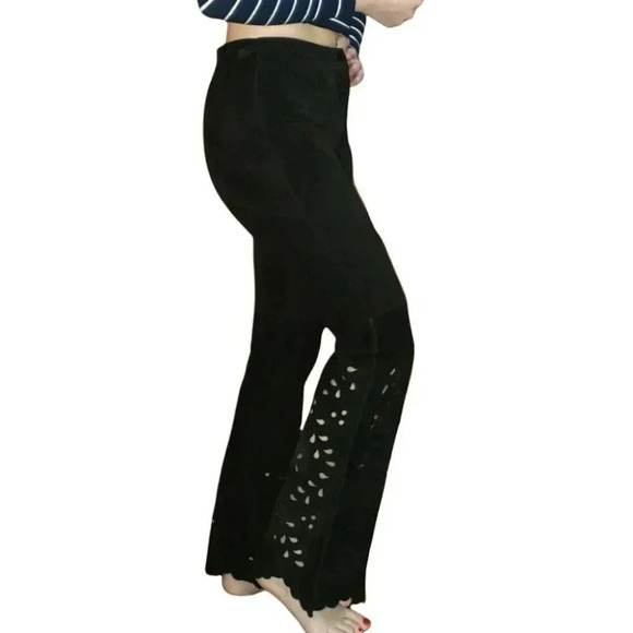 Vintage Cache 2 Hippie Boho‎ black suede laser cut out flare retro pants - Picture 1 of 7